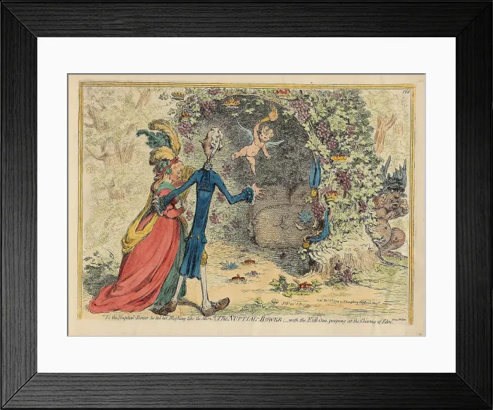Framed Print : The Nuptial Bower with the Evil-One, peeping at the Charms of Eden, 1797. Creator: Gillray, James (1757-1815) Framed Print : The Nuptial Bower with the Evil-One, peeping at the Charms of Eden, 1797. Creator: Gillray, James (1757-1815)