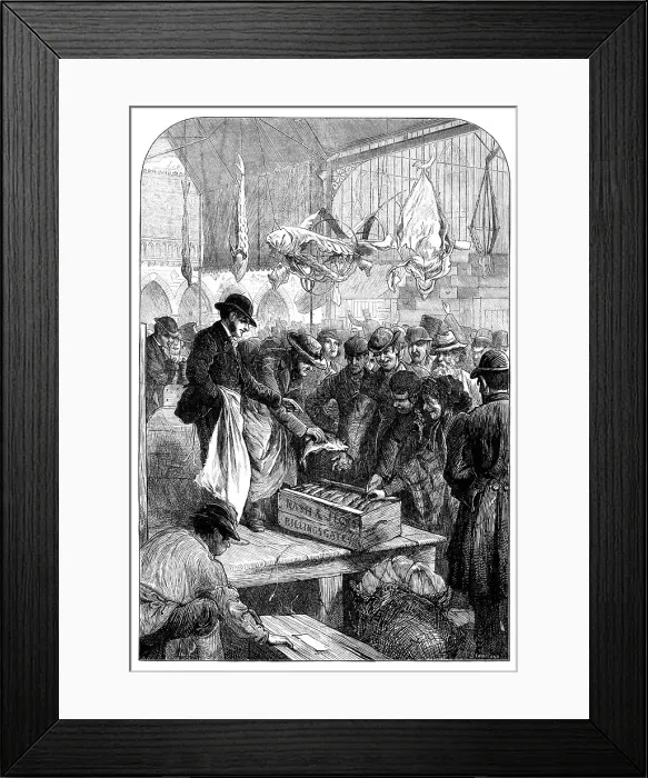 Framed Print : A fish auction in Columbia Market, 1871. Creator: Unknown Framed Print : A fish auction in Columbia Market, 1871. Creator: Unknown