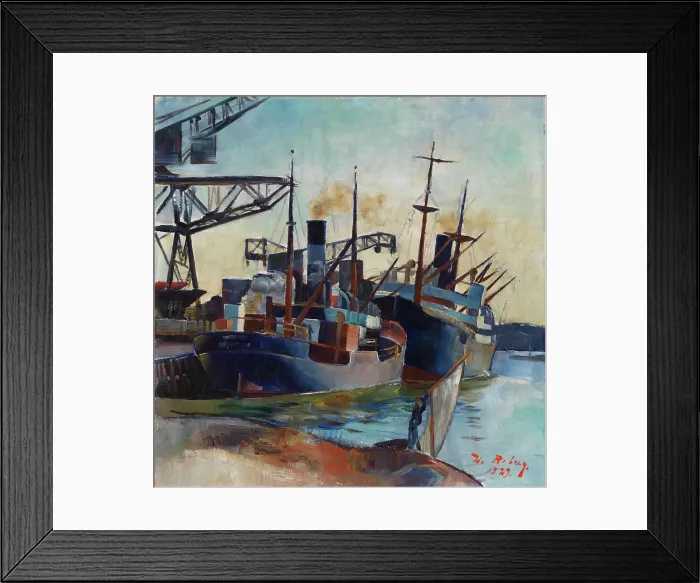Framed Print : Coal ships in a harbour, 1929. Creator: William Rosenberg Framed Print : Coal ships in a harbour, 1929. Creator: William Rosenberg