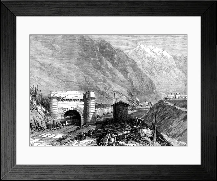Framed Print : Opening of the Mont Cenis Tunnel: mouth of the tunnel at Bardonnèche, Piedmont, 1871. Creator: Unknown Framed Print : Opening of the Mont Cenis Tunnel: mouth of the tunnel at Bardonnèche, Piedmont, 1871. Creator: Unknown