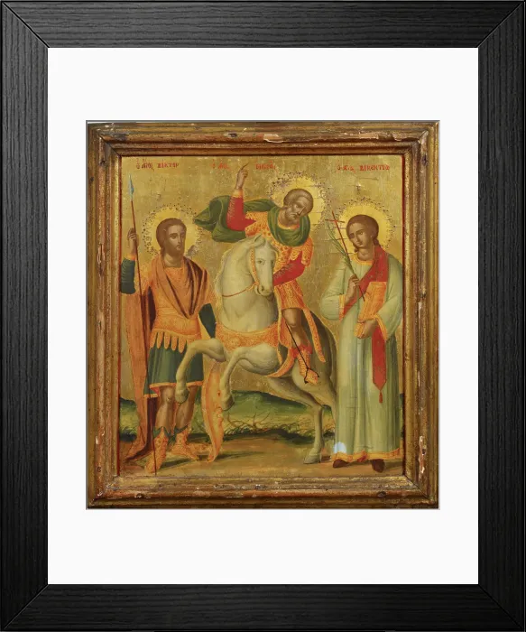Framed Print : Three Saints, Saint Victor, Saint Menas and Saint Vincent, Cretan icon, 1730-1770. Creator: Unknown Framed Print : Three Saints, Saint Victor, Saint Menas and Saint Vincent, Cretan icon, 1730-1770. Creator: Unknown