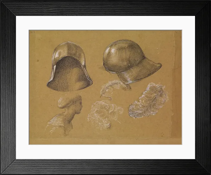 Framed Print : Studies of Helmet, Female Profile and Ostrich Feathers, 1865-1867 (possibly related to.... Creator: Sir Edward Coley Burne-Jones) Framed Print : Studies of Helmet, Female Profile and Ostrich Feathers, 1865-1867 (possibly related to.... Creator: Sir Edward Coley Burne-Jones)