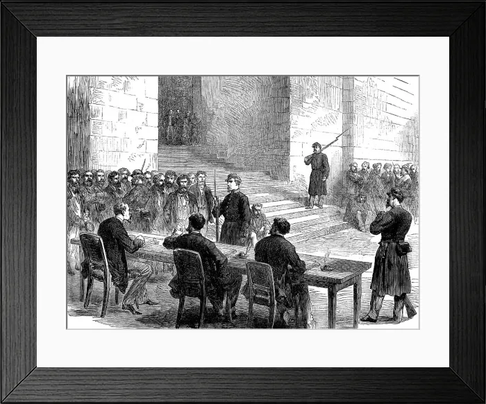 Framed Print : The Communist Trials at Versailles: interrogating the prisoners in the Orangery, 1871. Creator: Unknown Framed Print : The Communist Trials at Versailles: interrogating the prisoners in the Orangery, 1871. Creator: Unknown