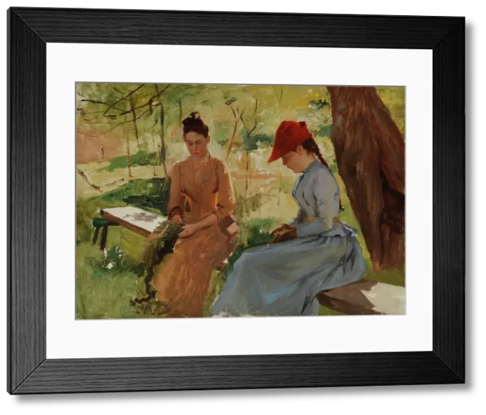 Framed Print : Girls Binding Garlands (The Artist's Sisters Annie and Berta Binding Garlands), study, c1886. Creator: Albert Edelfelt Framed Print : Girls Binding Garlands (The Artist's Sisters Annie and Berta Binding Garlands), study, c1886. Creator: Albert Edelfelt