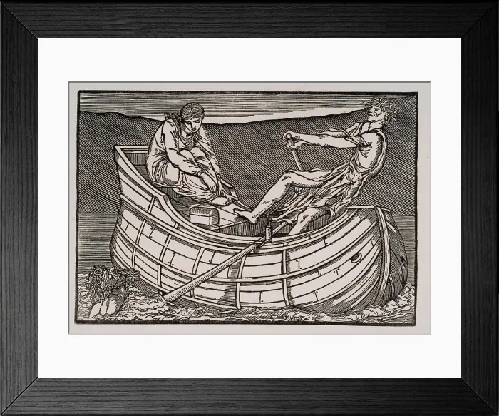 Framed Print : Cupid and Psyche - The dead Man rising from the Water as Psyche is ferried across the Styx, 1880. Creator: Sir Edward Coley Burne-Jones Framed Print : Cupid and Psyche - The dead Man rising from the Water as Psyche is ferried across the Styx, 1880. Creator: Sir Edward Coley Burne-Jones