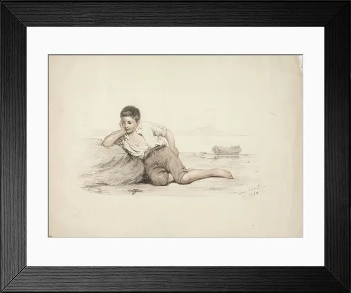 Framed Print : An Italian boy lying against a stone by the bay, 1850-1855. Creator: Karl Anders Ekman
