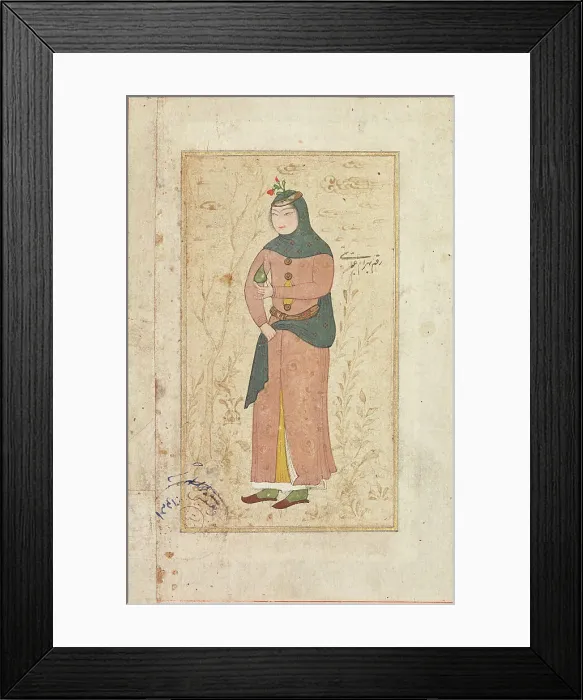 Framed Print : A woman holding out a fruit, c1500-1899. Creator: Bahram Abayati Framed Print : A woman holding out a fruit, c1500-1899. Creator: Bahram Abayati