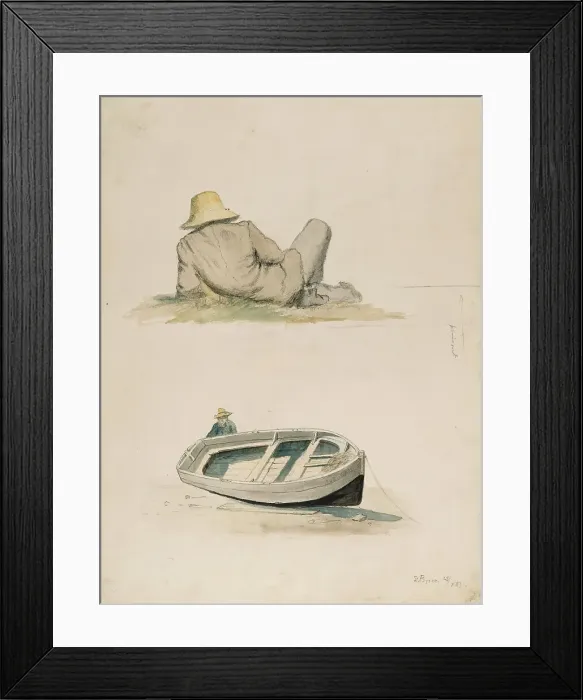 Framed Print : A man resting his back on the grass; A man and a beached boat, 1883. Creator: Oscar Kleineh Framed Print : A man resting his back on the grass; A man and a beached boat, 1883. Creator: Oscar Kleineh