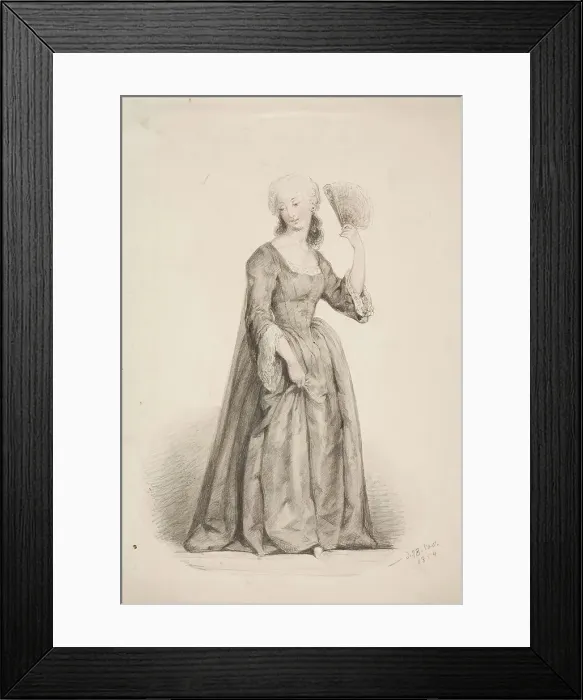 Framed Print : A standing woman in a black dress, her hair powdered and a fan in her hand, 1854. Creator: Karl Anders Ekman Framed Print : A standing woman in a black dress, her hair powdered and a fan in her hand, 1854. Creator: Karl Anders Ekman