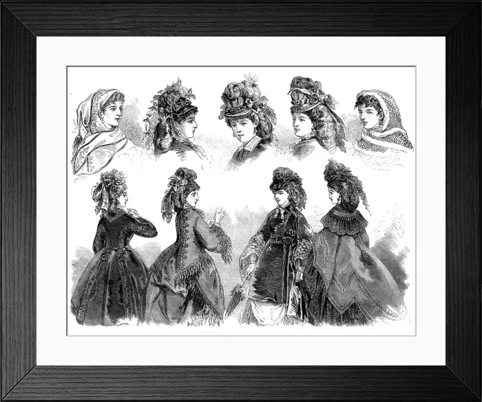 Framed Print : Paris fashions: head-dresses and mantles, 1871. Creator: Unknown Framed Print : Paris fashions: head-dresses and mantles, 1871. Creator: Unknown