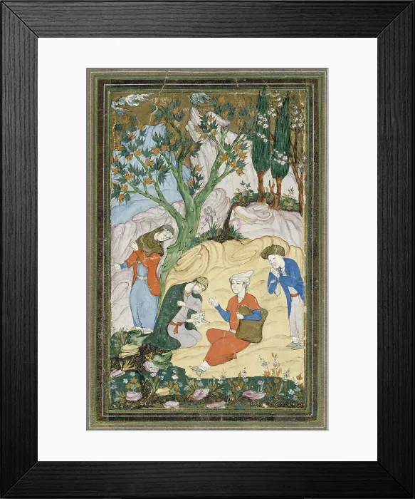 Framed Print : A young prince with his entourage in a landscape, Persian miniature, c1400-1599. Creator: Unknown Framed Print : A young prince with his entourage in a landscape, Persian miniature, c1400-1599. Creator: Unknown