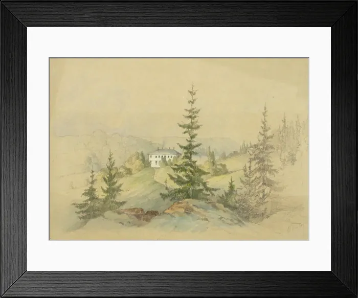 Framed Print : Forest landscape with farmhouse and lake with sailing boat in the distance, 1870-1892. Creator: Lars Theodor Billing Framed Print : Forest landscape with farmhouse and lake with sailing boat in the distance, 1870-1892. Creator: Lars Theodor Billing