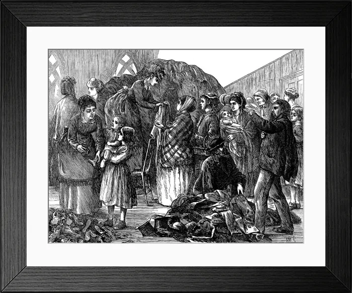 Framed Print : The Chicago Fire: Ladies of Chicago supplying the refugees with clothing, 1871. Creator: Unknown Framed Print : The Chicago Fire: Ladies of Chicago supplying the refugees with clothing, 1871. Creator: Unknown