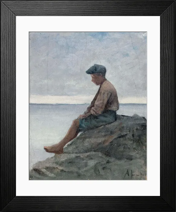 Framed Print : Boy sitting on rocks at the beach, 1880-1889. Creator: Amelie Lundahl Framed Print : Boy sitting on rocks at the beach, 1880-1889. Creator: Amelie Lundahl