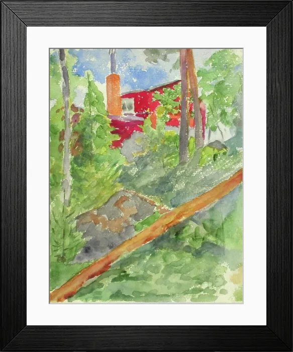 Framed Print : A red building on a cliff between trees. Creator: Maria Wiik Framed Print : A red building on a cliff between trees. Creator: Maria Wiik