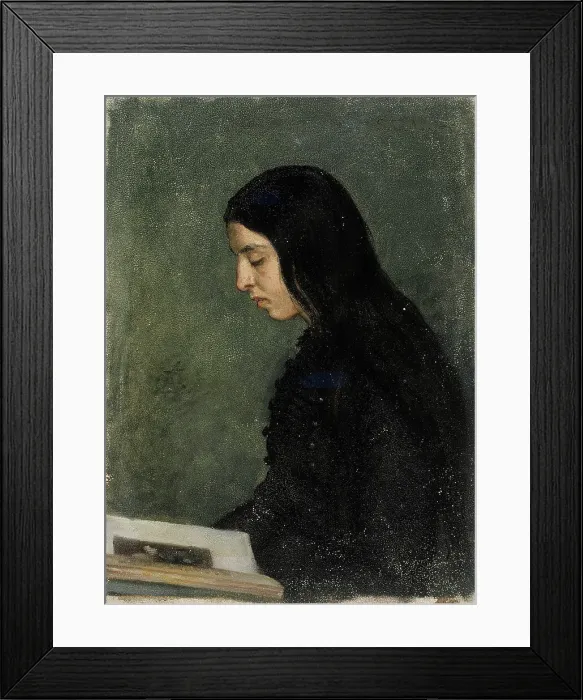 Framed Print : Black-haired woman reading, 1860-1900. Creator: Adolf von Becker Framed Print : Black-haired woman reading, 1860-1900. Creator: Adolf von Becker
