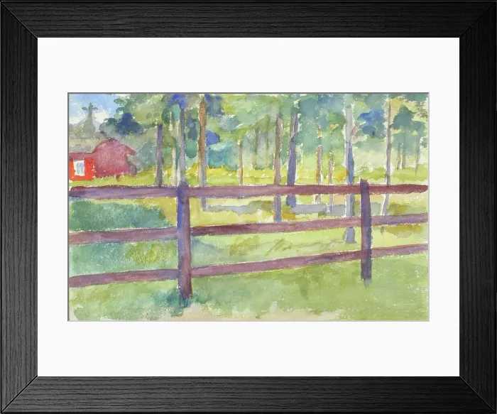Framed Print : A red building in the woods behind the fence. Creator: Maria Wiik Framed Print : A red building in the woods behind the fence. Creator: Maria Wiik