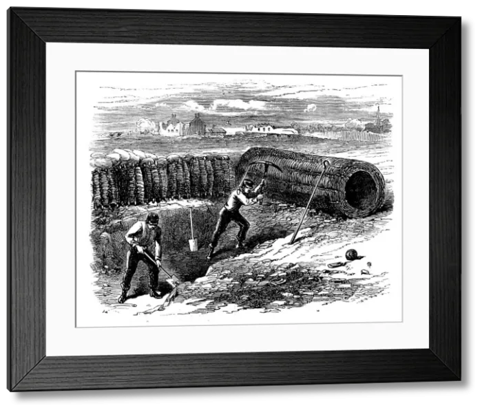 Framed Print : Siege Operations at Chatham: sappers working behind sap roller, 1871. Creator: Unknown Framed Print : Siege Operations at Chatham: sappers working behind sap roller, 1871. Creator: Unknown