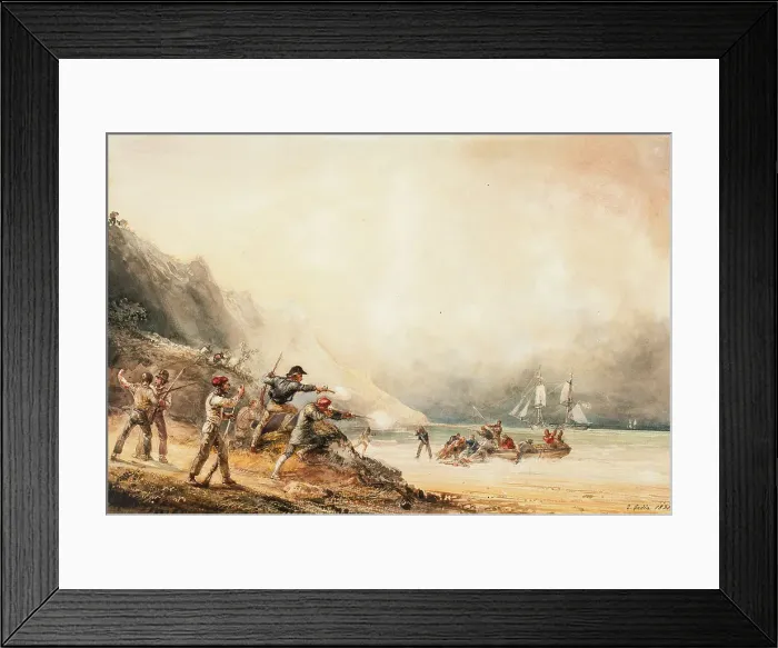 Framed Print : Battle between smugglers and marines, 1830. Creator: Theodore Gudin Framed Print : Battle between smugglers and marines, 1830. Creator: Theodore Gudin