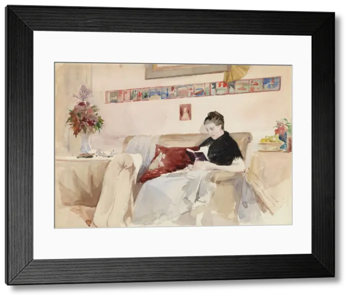 Framed Print : Artist's Wife Reading on the Sofa, c1890s. Creator: Albert Edelfelt Framed Print : Artist's Wife Reading on the Sofa, c1890s. Creator: Albert Edelfelt