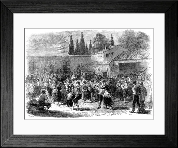 Framed Print : The Vintage of Medoc: evening dance of vineyard labourers, 1871. Creator: Unknown Framed Print : The Vintage of Medoc: evening dance of vineyard labourers, 1871. Creator: Unknown