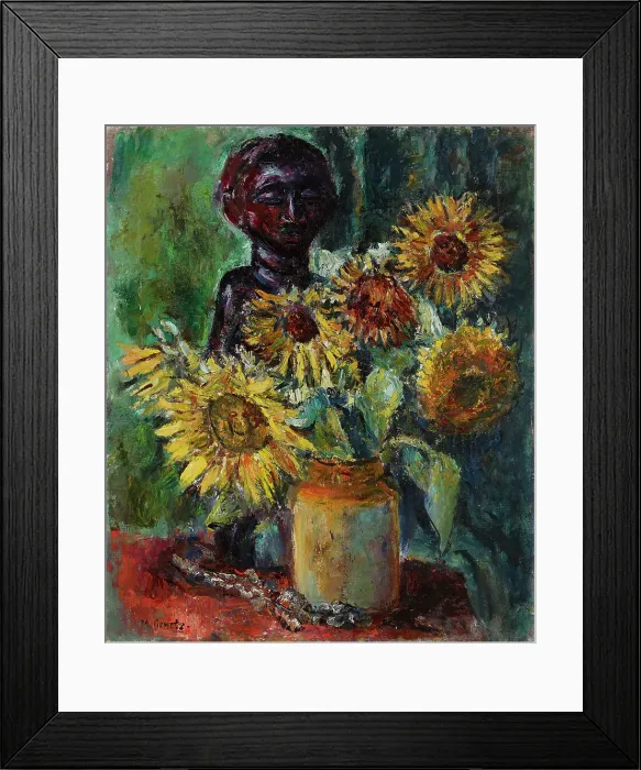 Framed Print : Sun Flowers and a Wooden Sculpture, 1885-1943. Creator: Meri Genetz Framed Print : Sun Flowers and a Wooden Sculpture, 1885-1943. Creator: Meri Genetz