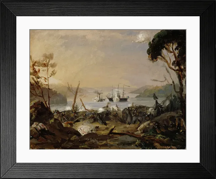Framed Print : Violent reconnaissance in the Turku region, a scene from the Oolanni War, 1854. Creator: Robert Wilhelm Ekman Framed Print : Violent reconnaissance in the Turku region, a scene from the Oolanni War, 1854. Creator: Robert Wilhelm Ekman