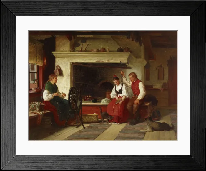 Framed Print : By the Hearth, an Ostrobothnian Courting Scene, 1871. Creator: Adolf von Becker Framed Print : By the Hearth, an Ostrobothnian Courting Scene, 1871. Creator: Adolf von Becker