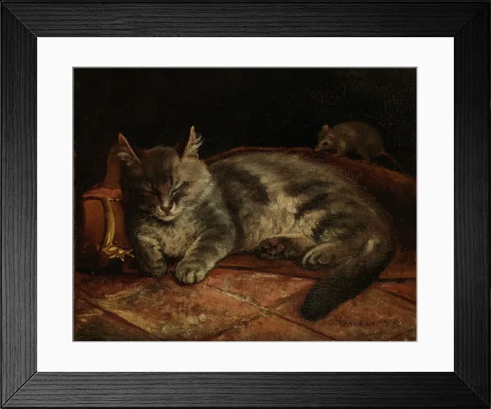 Framed Print : Sleeping Grey Cat and a Rat, 1864. Creator: Adolf von Becker