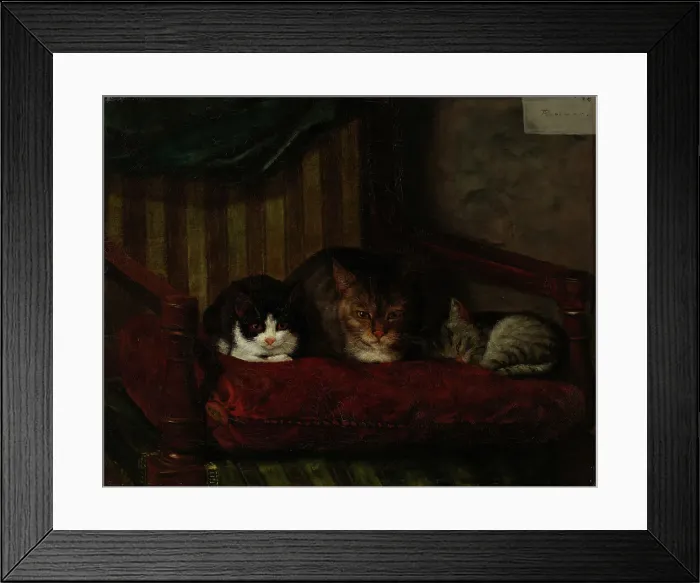 Framed Print : Cat with Kittens, 1863. Creator: Adolf von Becker Framed Print : Cat with Kittens, 1863. Creator: Adolf von Becker