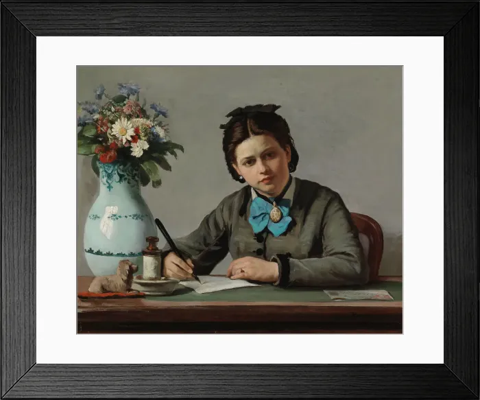 Framed Print : A Girl Writing, 1872. Creator: Adolf von Becker Framed Print : A Girl Writing, 1872. Creator: Adolf von Becker