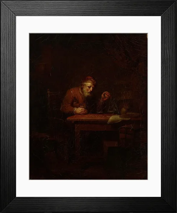 Framed Print : Old man weighing gold coins, 1810. Creator: Alexander Lauréus Framed Print : Old man weighing gold coins, 1810. Creator: Alexander Lauréus