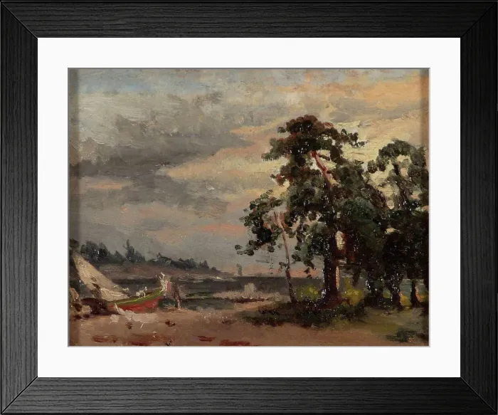 Framed Print : Coastal landscape, pine trees and a boat, 1863. Creator: Berndt Lindholm Framed Print : Coastal landscape, pine trees and a boat, 1863. Creator: Berndt Lindholm