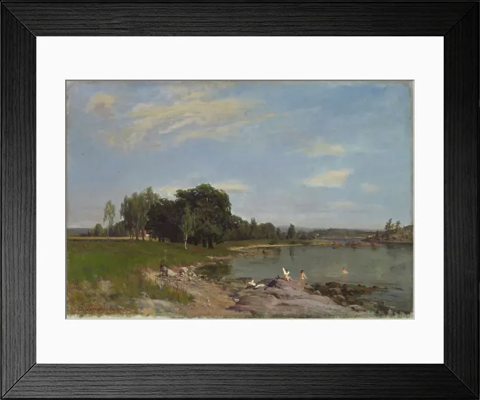 Framed Print : Beach landscape, bathing children, 1872. Creator: Berndt Lindholm