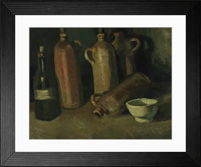 Framed Print : Still Life with Jars (Still life with four jugs, bottles and white bowl), 1885. Creator: Gogh, Vincent, van (1853-1890) Framed Print : Still Life with Jars (Still life with four jugs, bottles and white bowl), 1885. Creator: Gogh, Vincent, van (1853-1890)