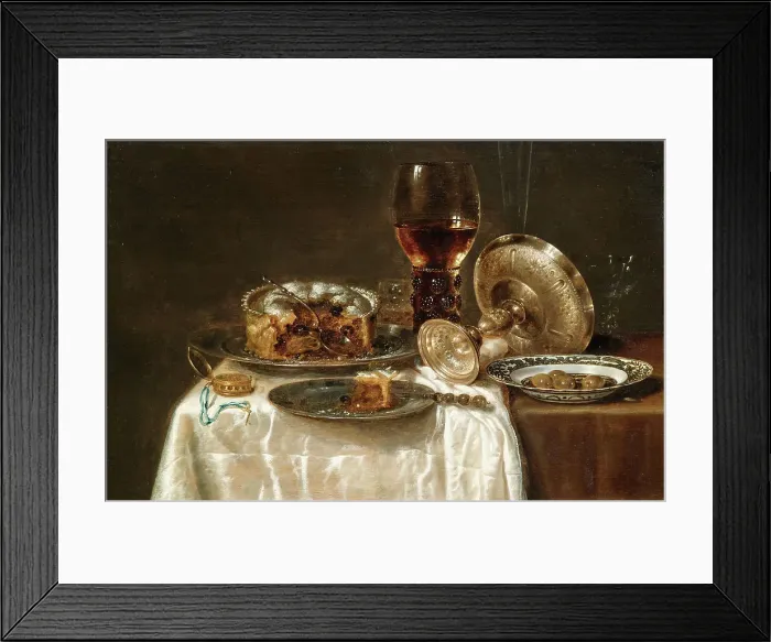 Framed Print : Olives in a blue and white porcelain bowl, a roemer, wine glasses, an overturned silver... 1650s. Creator: Heda, Willem Claesz (1594-1680) Framed Print : Olives in a blue and white porcelain bowl, a roemer, wine glasses, an overturned silver... 1650s. Creator: Heda, Willem Claesz (1594-1680)