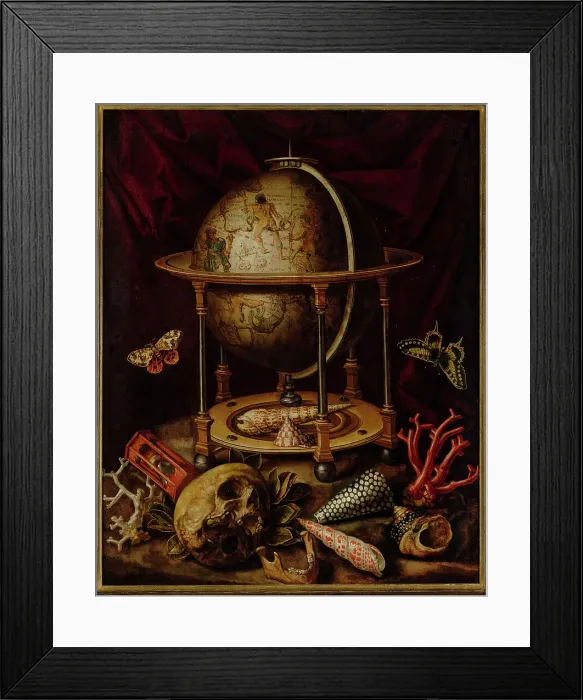 Framed Print : Still Life with Celestial Globe, Skull, Shells, Corals and Butterflies. Creator: Luyckx, Carstian (1623-after 1657) Framed Print : Still Life with Celestial Globe, Skull, Shells, Corals and Butterflies. Creator: Luyckx, Carstian (1623-after 1657)