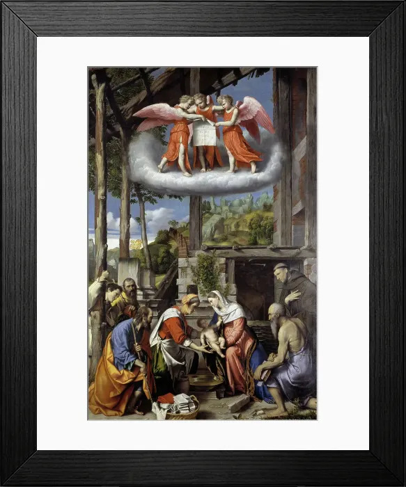 Framed Print : Nativity with Shepherds, Saint Jerome and a Donor, 1529-1535. Creator: Moretto da Brescia, Alessandro (ca 1498 - 1554) Framed Print : Nativity with Shepherds, Saint Jerome and a Donor, 1529-1535. Creator: Moretto da Brescia, Alessandro (ca 1498 - 1554)