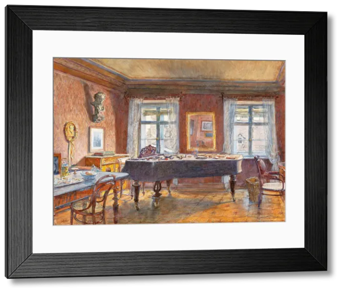 Framed Print : Music room of the composer Johannes Brahms in his last apartment in Vienna, 1906. Creator: Müller, Carl (1862-1938) Framed Print : Music room of the composer Johannes Brahms in his last apartment in Vienna, 1906. Creator: Müller, Carl (1862-1938)