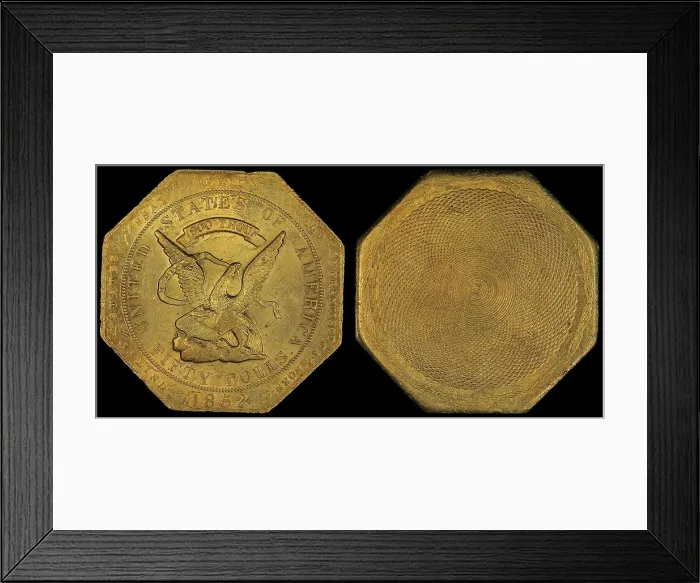 Framed Print : U.S. Assay Office Fifty Dollar, 1852. Creator: Numismatics, American Coins Framed Print : U.S. Assay Office Fifty Dollar, 1852. Creator: Numismatics, American Coins