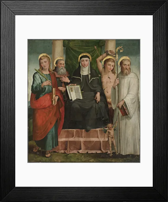 Framed Print : Saint Scholastica Enthroned between Saints John the Evangelist, Anthony the Abbot...... c1550. Creator: Piaggio, Teramo (1485-1554) Framed Print : Saint Scholastica Enthroned between Saints John the Evangelist, Anthony the Abbot...... c1550. Creator: Piaggio, Teramo (1485-1554)