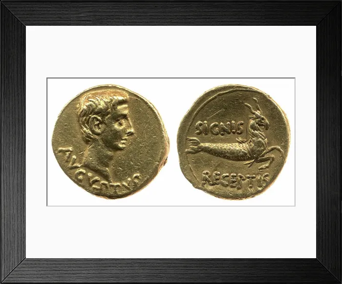 Framed Print : Gold coin of Augustus (Octavian). Head of Augustus (obverse), Capricorn (reverse), 19 BC-18 BC. Creator: Numismatic, Ancient Coins Framed Print : Gold coin of Augustus (Octavian). Head of Augustus (obverse), Capricorn (reverse), 19 BC-18 BC. Creator: Numismatic, Ancient Coins
