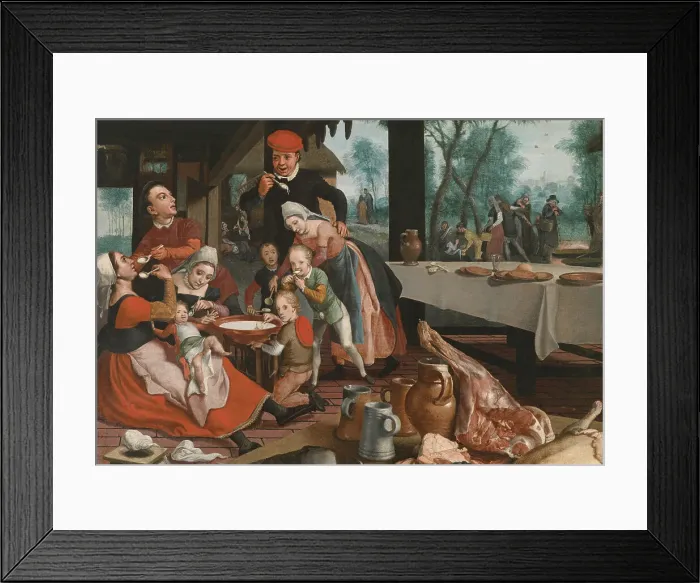 Framed Print : A family eating rice pudding. Creator: Pietersz, Pieter, the Elder (1540-1603) Framed Print : A family eating rice pudding. Creator: Pietersz, Pieter, the Elder (1540-1603)
