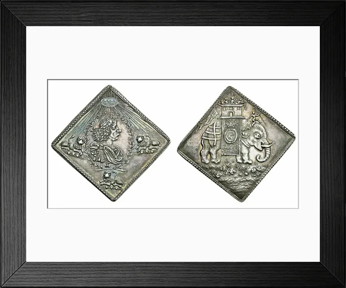 Framed Print : Christian V, of Denmark. Square silver medal (or coin), called Kastemønter, on his coronation, 1670 Creator: Numismatic, West European Coins Framed Print : Christian V, of Denmark. Square silver medal (or coin), called Kastemønter, on his coronation, 1670 Creator: Numismatic, West European Coins