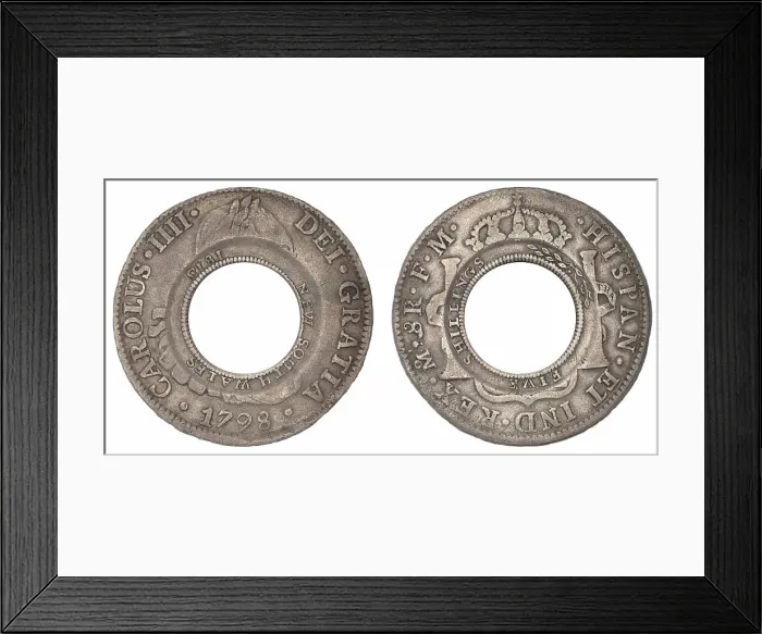 Framed Print : Holey Dollar, New South Wales, minted 1813, from Spanish silver dollar from 1798, 1813. Creator: Numismatic, West European Coins Framed Print : Holey Dollar, New South Wales, minted 1813, from Spanish silver dollar from 1798, 1813. Creator: Numismatic, West European Coins