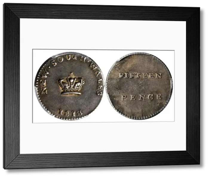 Framed Print : 15 Pence, George III, Dump, New South Wales, 1813. Creator: Numismatic, West European Coins Framed Print : 15 Pence, George III, Dump, New South Wales, 1813. Creator: Numismatic, West European Coins