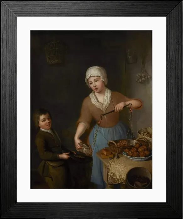 Framed Print : A pantry scene with a maid and boy weighing hazelnuts, 1756. Creator: Rijnenburg, Nicolaas (1716-1802) Framed Print : A pantry scene with a maid and boy weighing hazelnuts, 1756. Creator: Rijnenburg, Nicolaas (1716-1802)
