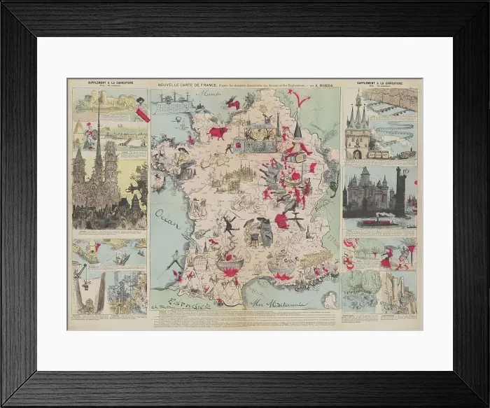 Framed Print : New Map of France, After the Latest Discoveries of the Scientists and Explorers, 1882. Creator: Robida, Albert (1848-1926) Framed Print : New Map of France, After the Latest Discoveries of the Scientists and Explorers, 1882. Creator: Robida, Albert (1848-1926)