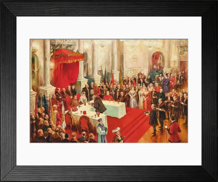 Framed Print : Ceremonial coronation banquet in the Budapest Hofburg with the newly crowned royal...1916, 1917. Creator: Schwormstädt, Felix (1870-1938) Framed Print : Ceremonial coronation banquet in the Budapest Hofburg with the newly crowned royal...1916, 1917. Creator: Schwormstädt, Felix (1870-1938)
