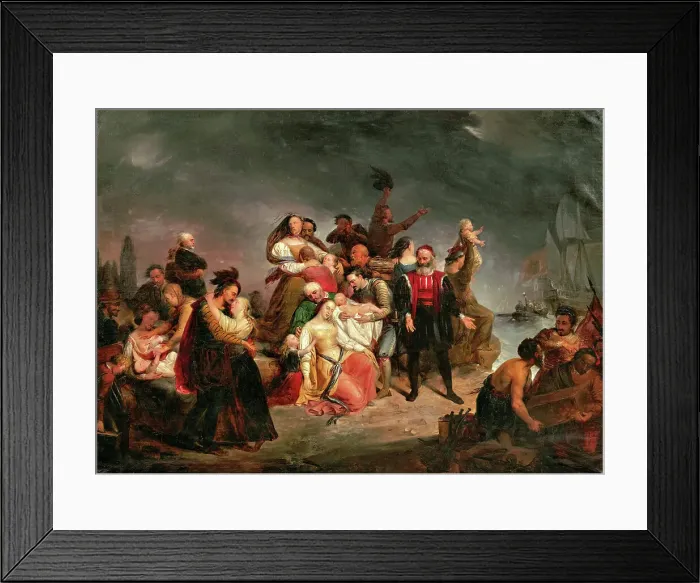 Framed Print : The farewell to America or The Boarding the Mayflower. Creator: Wappers, Gustave (1803-1874) Framed Print : The farewell to America or The Boarding the Mayflower. Creator: Wappers, Gustave (1803-1874)
